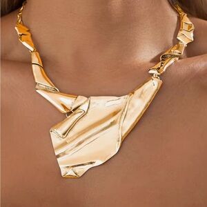 Crumpled Molten Metal Brut Necklace Gold Freeform Brutalist JA22